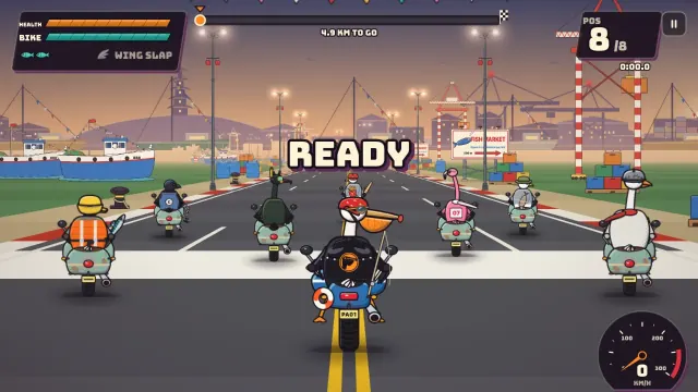 The starting grid at Harbor Dawn: eight birds on motorbikes lined up on the coast road, countdown on screen.