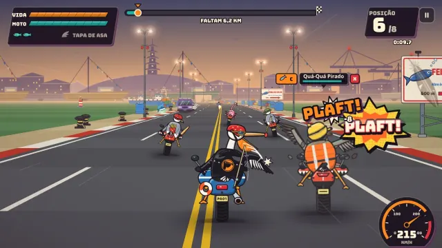 Briga no meio da corrida: o tapa de asa do pelicano acerta o rival que vem ao lado, com uma explosão de quadrinhos.