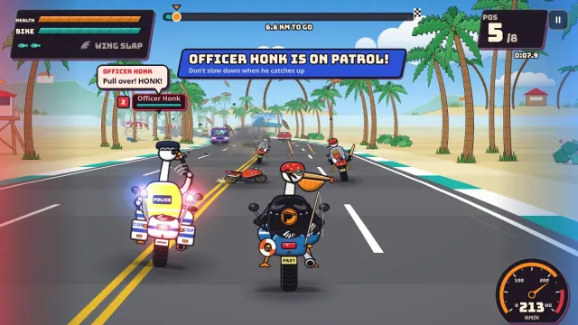 Officer Honk, a goose cop on a police bike, pulls up next to the pelican with his nightstick out.