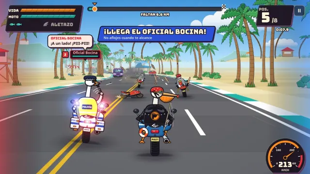 El Oficial Bocina, un ganso policía en su moto patrulla, se pone al lado del pelícano con la cachiporra en alto.