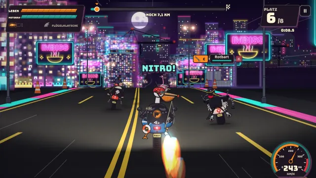 Das Feld rast nachts unter Neonschildern durch die Neon-Docks, das Fisch-Nitro des Pelikans brennt.