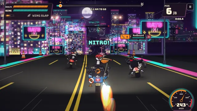 The pack races through Neon Docks at night under neon signs, the pelican's Fish Nitro lit.