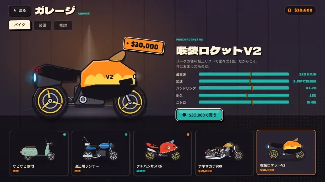 賞金でバイクや装備を買う、ガレージのショールーム。