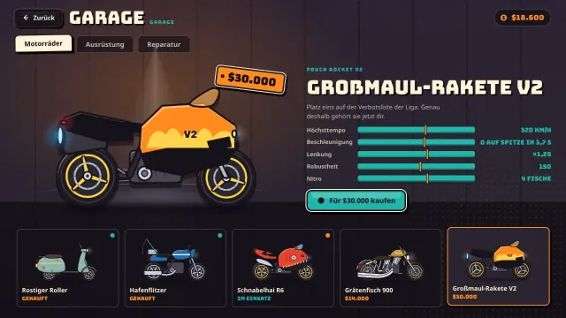 Der Showroom der Garage, in dem du deinen Gewinn für Motorräder und Ausrüstung ausgibst.