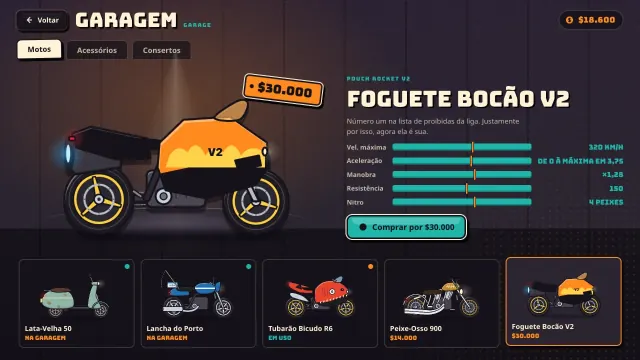 A vitrine da garagem, onde você gasta os prêmios em motos e acessórios.