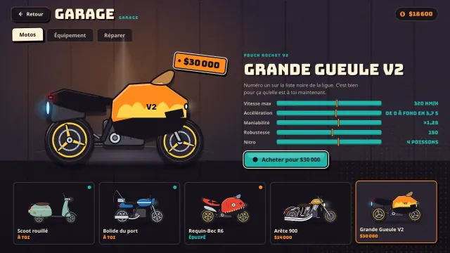 La vitrine du garage, où tu dépenses tes gains en motos et en équipement.