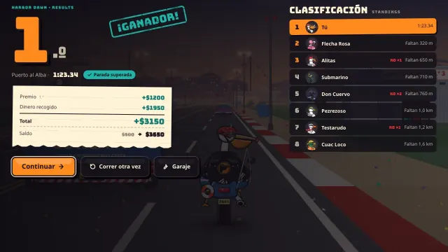 La pantalla de resultados tras terminar en el podio, con el orden de llegada y el dinero ganado.