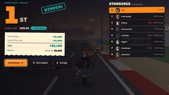 The results screen after a podium finish, with the finishing order and the money earned.
