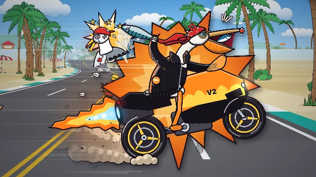 A pelican on a motorbike racing a pack of rival birds down a sunny coast road.